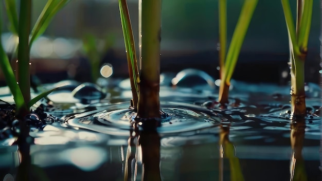 Grasbladeren spruiten uit een waterdruppel.