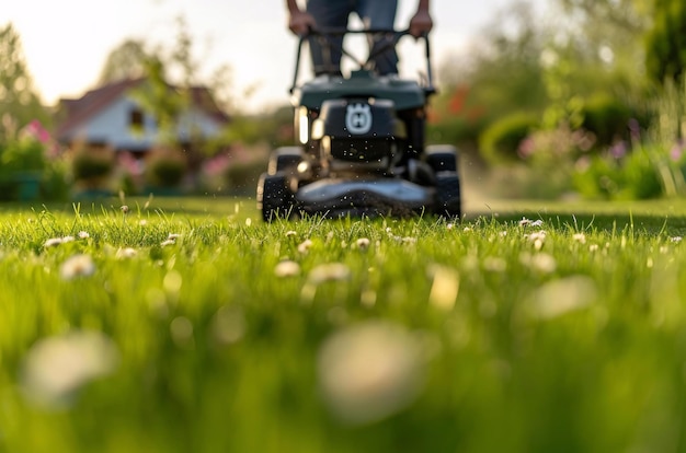 grasmaaier in de tuin die het gras maait