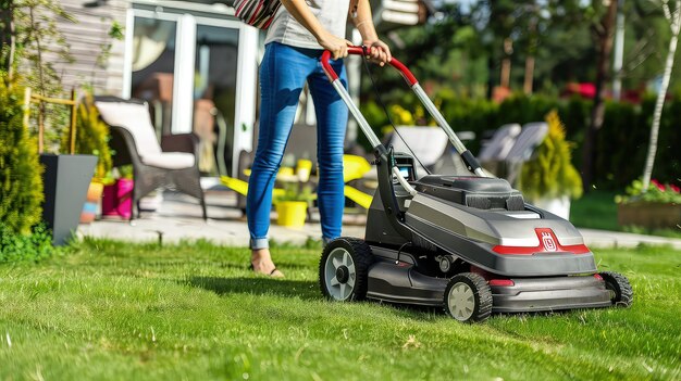 Grasmaaier op gras in de tuin gekapte foto