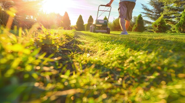 Grasmaaier op gras in de tuin gekapte foto