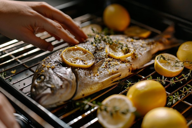 Photo grasping the oven rack with sea bass