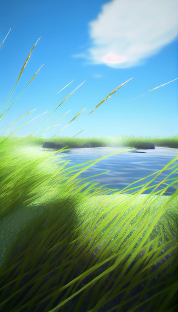 Grass blowing in the wind next to a body of water generative ai