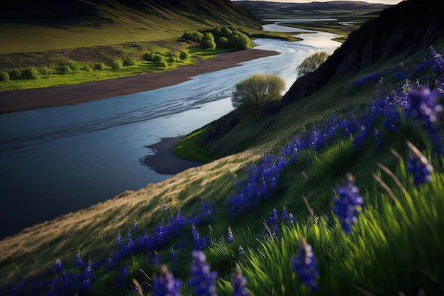 Grass and bluebells on a hillside slope with a river in the distance