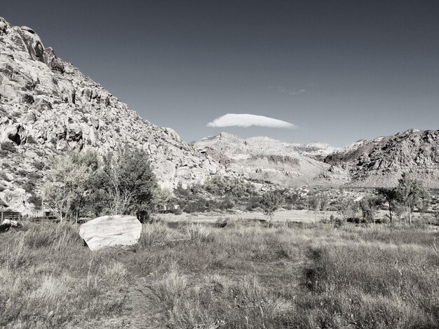 Photo grass by rocky hill against sky