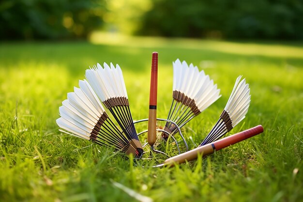 Photo grass court duel badminton rackets and shuttlecock on grass