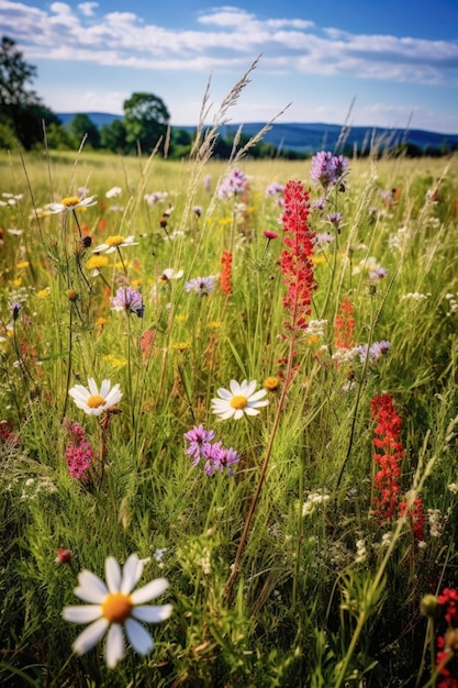 Grass field with a variety of wildflowers blooming created with generative ai