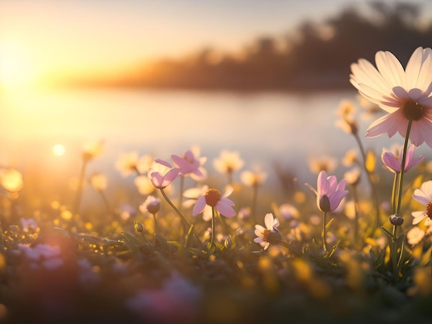 grass flowers field over sunset background AI Generated