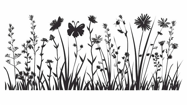 Photo grass flowers and herbs black silhouettes on white background hand drawn flower and insect sketches