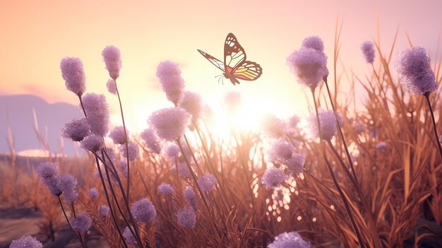 Photo the grass and flowers where butterflies