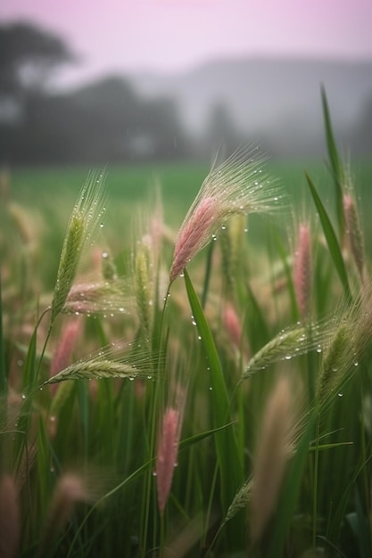 Grass in the fog with the raindrops on the grass