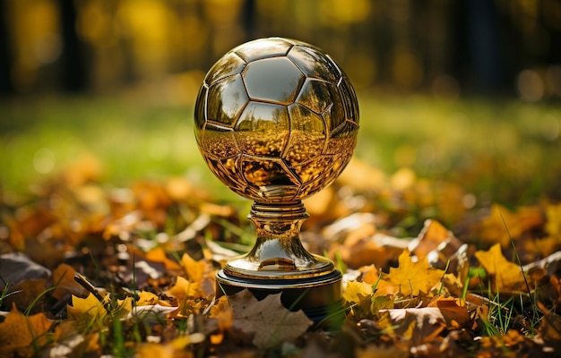 Photo on the grass of a football stadium a golden metal trophy cup