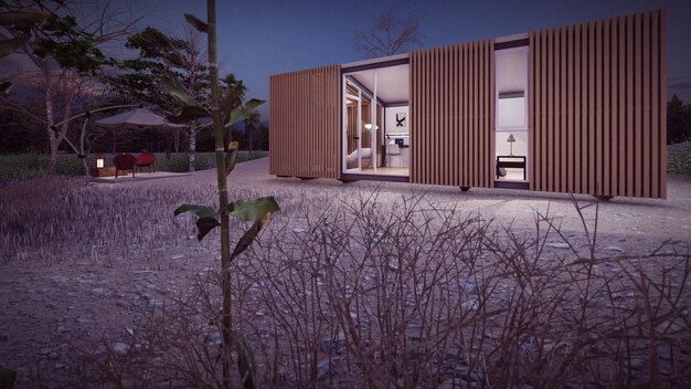 grass foreground in the wooden cabin 3d illustration