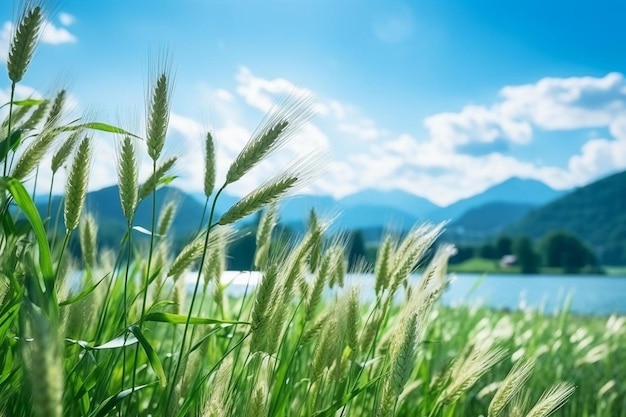 湖と山の前にある草