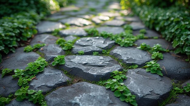 Grass growing between the stones on a stone path in a botanical garden