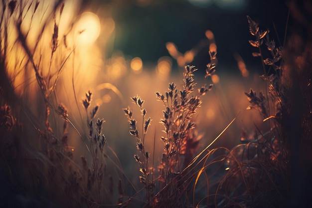 Grass Illuminated By Sun Dusk Time Grass In Sunset Sunlight Summer Sunset Generative AI