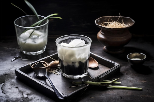 Photo grass jelly drink with fresh coconut milk