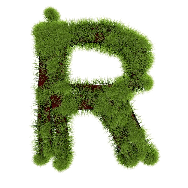 Grass letter R isolated on white background. Symbol covered green grass. Eco letter. 3d illustration.