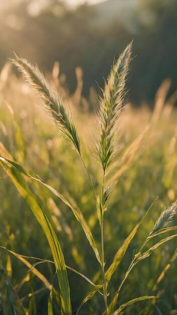 夏の朝の日の出の草の植物の背景がぼやけている