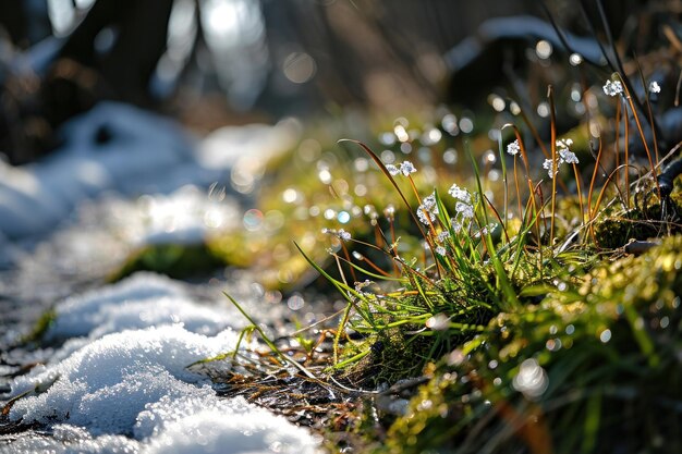 Foto l'erba sotto una spruzzatura di neve