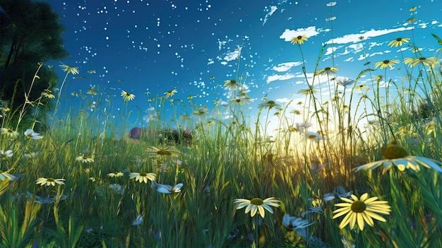 grass and sunflowers with stars in the sky