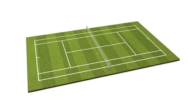 Grass tennis court with white markings and net. 3D Rendering.