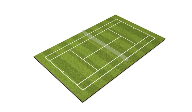 Grass tennis court with white markings and net. 3D Rendering.