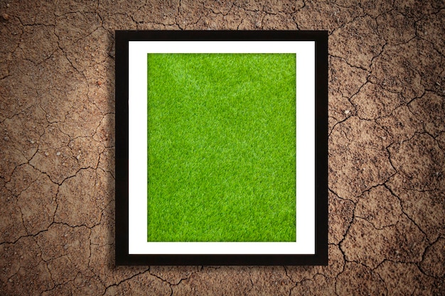 Grass in a white picture frame lay on cracked soil land global warming concept