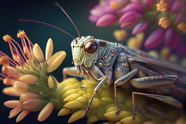 A grasshopper and a beautiful flower