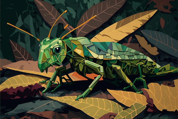 Grasshopper eating and destroying leaves digital painting artwork abstract background