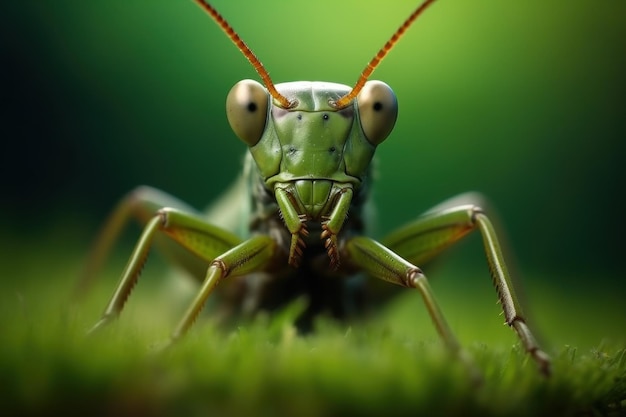 Grasshopper in grass on meadow in summer morning