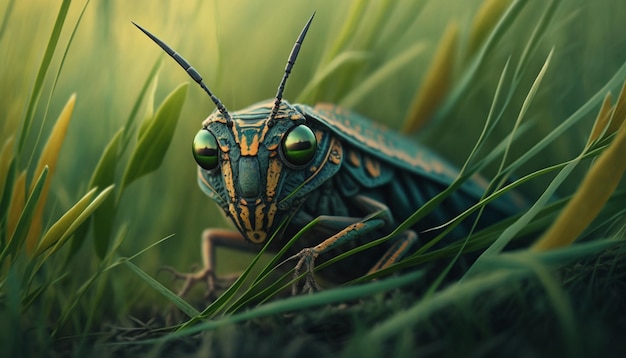 A grasshopper in the grass with a green and gold pattern.