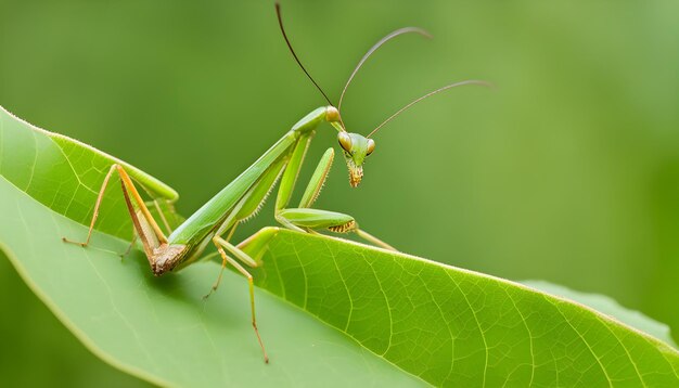 a grasshopper is on a leaf with a green background