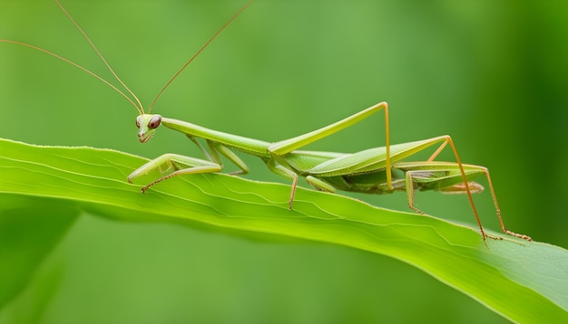 a grasshopper is sitting on a leaf with a green background
