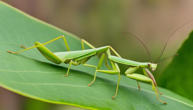 a grasshopper is sitting on a leaf with its legs spread