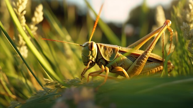 Photo a grasshopper sits on a grass