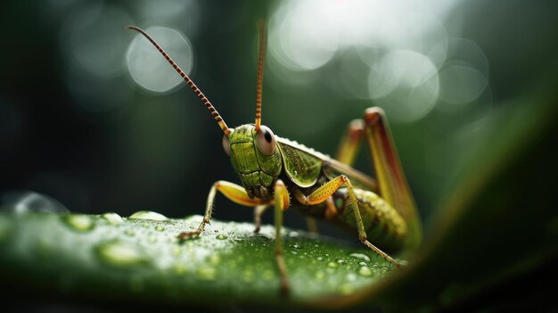 A grasshopper sits on a green leaf.