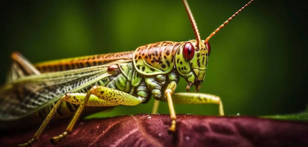 A grasshopper sits on a leaf in the garden.