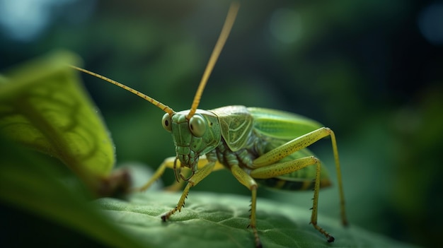 A grasshopper sits on a leaf in the sun