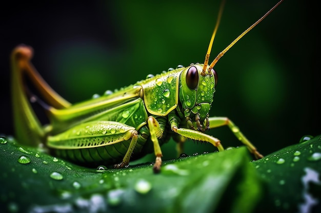 A grasshopper sits on a leaf with rain drops on it