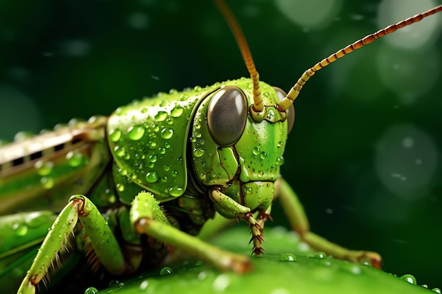 A grasshopper sits on a leaf with raindrops on it