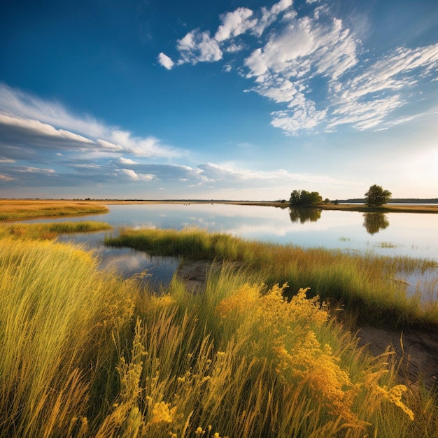 Grassig gebied met water en bomen in de verte met een blauwe hemel generatieve ai