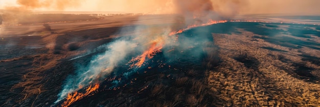 Grassland fields burn during dry season natural disasters Climate change concept