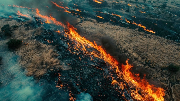 Grassland fields burn during dry season natural disasters Climate change concept