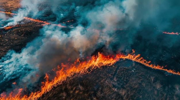 Grassland fields burn during dry season natural disasters Climate change concept