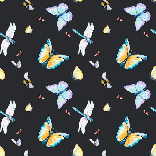 Grassland insects watercolor illustration seamless pattern on dark