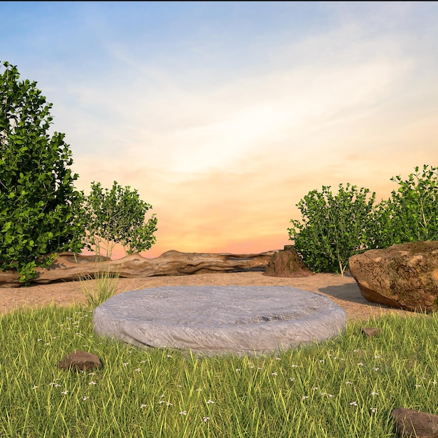 Photo a grassy area with rocks and trees with rock podium on the ground