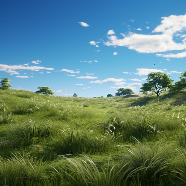 Foto area erbosa con alberi e cespugli in un giorno di sole generativo ai