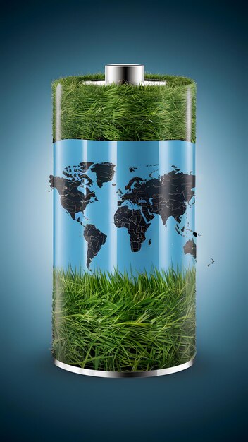 Photo grassy battery world map art on blue background for national battery day vertical mobile wallpaper