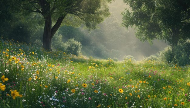 a grassy field full of wildflowers and trees