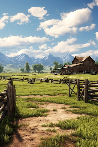 Фото Травяное поле с забором и амбаром на заднем плане генеративный аи